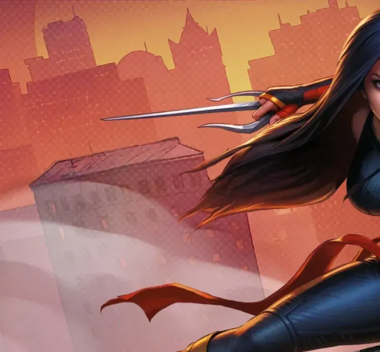 Allyspin casino sarjakuvamainen teema ja grafiikka, jossa naissankari kaupunkimaisemassa.